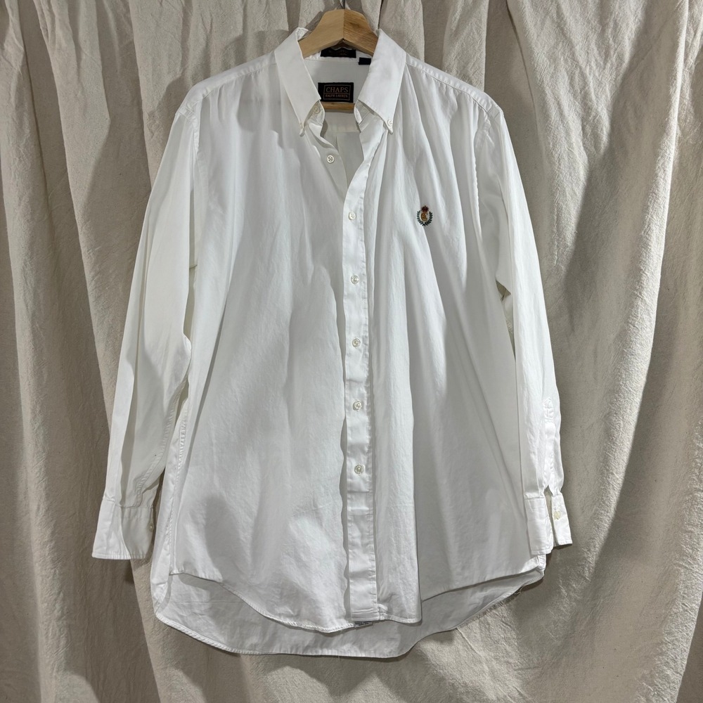 Vintage Chaps Ralph Lauren Mens White Crest Button Down Shirt Cotton Long Sleeve
